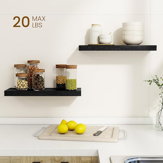 Dreamland Floating Shelves, 20Inch Rustic Wooden Black Wall Shelves for Bathroom|Bedroom|Kitchen, Deep Wall Mounted Book Shel