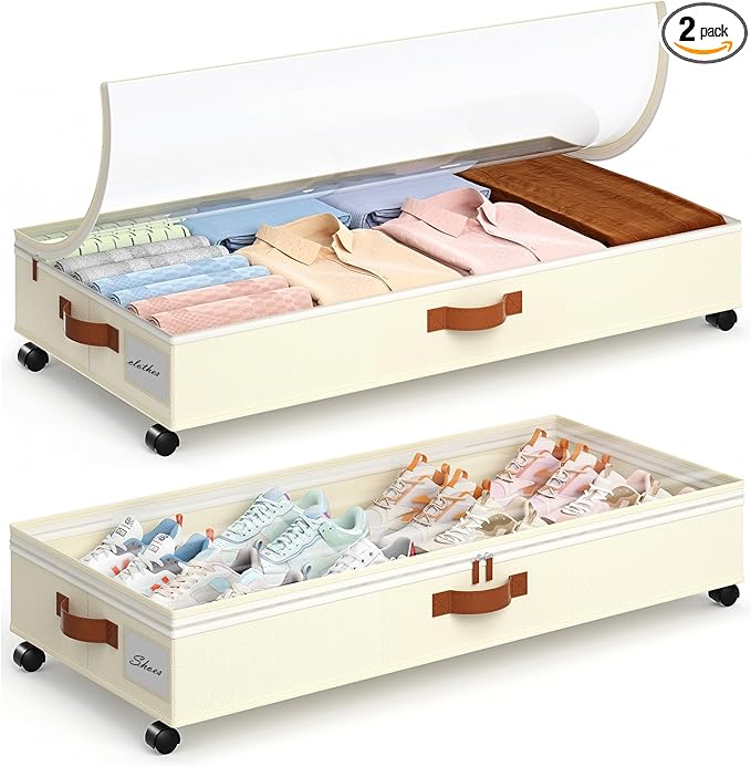 Yecaye Under Bed Storage with Wheels, 65L Under Bed Storage Containers with Adjustable Dividers & Clear Lid, Rolling Underbed