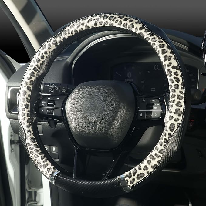 KAFEEK Cream Leopard Steering Wheel Cover for Women, Universal 15 Inch Soft Microfiber Leather Car Wheel Protector, Aesthetic