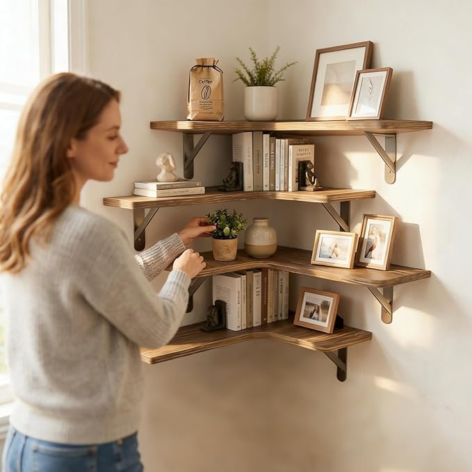 Corner Floating Shelves Wall Mounted Set of 5, Rustic Wood Corner Shelves for Bedroom Living Room Bathroom Kitchen Storage an