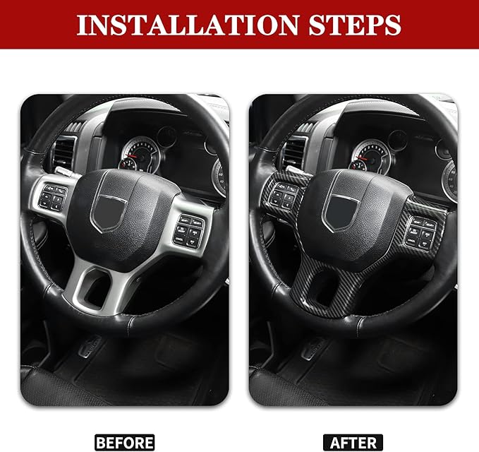 Hoolcar Interior Steering Wheel Cover ABS Trim for 2010-2017 Dodge RAM 1500 Accessories, Carbon Fiber