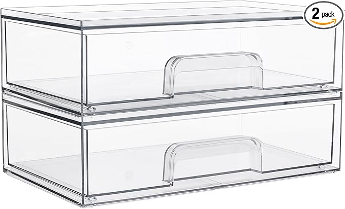 Vtopmart 12.1''W Clear Stackable Storage Drawers,2 Pack Acrylic Plastic Organizers Bins for Makeup Palettes, Cosmetics, and B