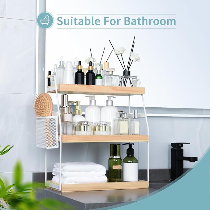 Uneviesyka Bathroom Counter Organizer, 3-Tier Standing Storage Shelf with Basket, Wood Tray for Skincare Vanity Organizer(Whi