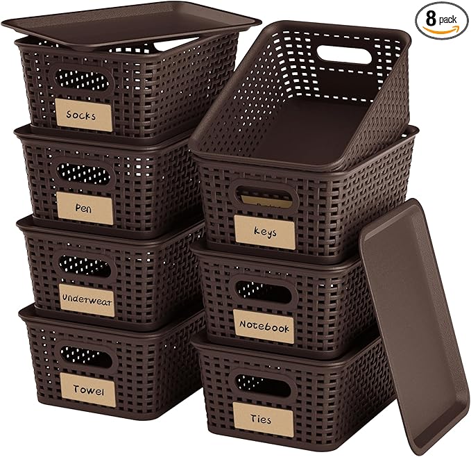 8-Pack Brown Plastic Storage Baskets with Lids, Label Organizers, Stackable Organizer Containers: For Organizing Shelves, Dra