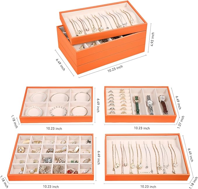 LANDICI Stackable Jewelry Organizer Trays 4 Set,PU Leather Jewelry Organizer Drawer,Jewelry Storage Display Tray for Earring 