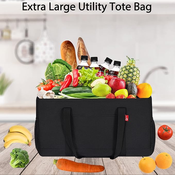 Extra Large Utility Tote Bag, Foldable Reusable Grocery Bags with Metal Wire Frame & Reinforced Bottom Board, Stand Up Large Utility Tote for Shopping, Beach Bag, Laundry, Car (Black)
