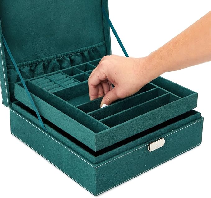 Juvale Velvet Jewelry Box Organizer - 10.5 x 10.5 x 3.5 in, Green - Lockable 2-Tier Travel Jewelry Case & Earring Storage - R