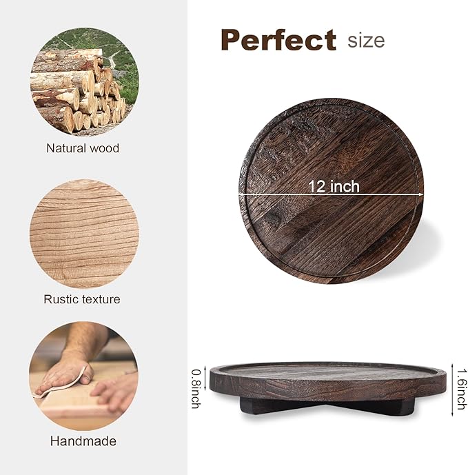 Round Decorative Tray Wood Bathroom Counter Organizer Farmhouse Kitchen Decor Wooden Riser for Soap Dish, Perfume, Candle, Sp