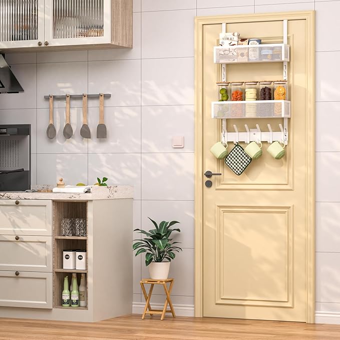 LUCYCAZ Adjustable Over The Door Hooks Organizer, Hanger Storage with 10 Coat Hooks & 2 Mesh Basket, Over The Door Towel Rack