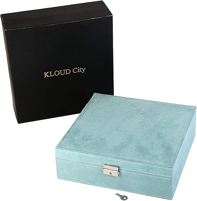 Two-Layer lint Jewelry Box Organizer Display Storage case with Lock (Blue)