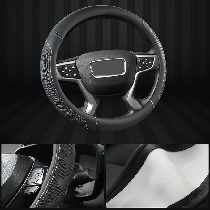 GIANT PANDA Steering Wheel Cover for GMC Sierra Acadia Terrain Yukon(Black+Gray Line-Standard Size)