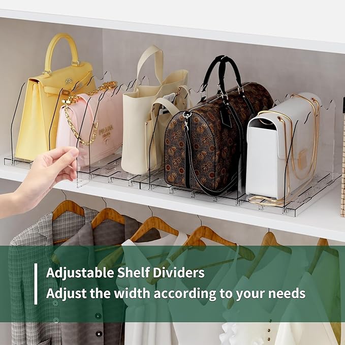 SPACEKEEPER Adjustable Shelf Divider for Closet, 2 Pack Clear Purse Organizers for Closet Acrylic Handbag Separators Storage 