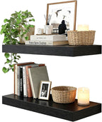 23.6 inch Black Floating Shelves Set of 2, Solid Wood Wall Mounted Shelves, Heavy Duty Display Storage Shelves for Bedroom, L