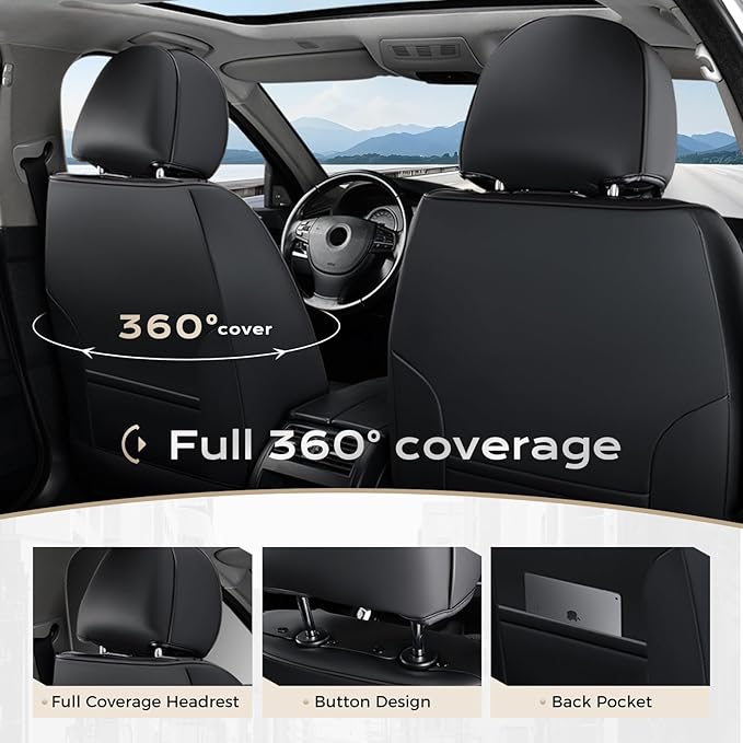 Coverado Car Seat Covers, Leather Seat Covers Full Set, Waterproof Car Seat Protector with Lumbar Support, Automotive Seat Co