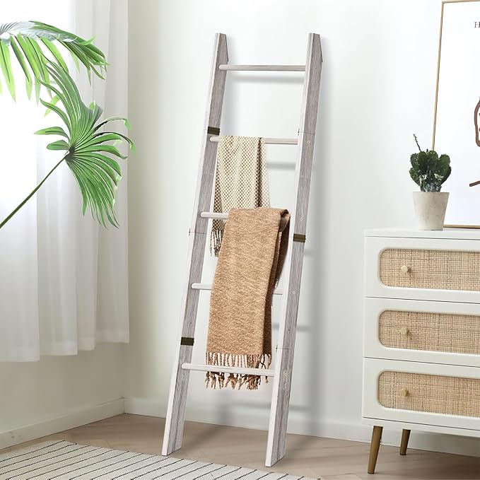 XLHOMO Blanket Ladder for Living Room, 5-Tier Wooden Ladder Shelf, Rustic Decorative Blanket Rack for Blankets, Quilts, Farmh
