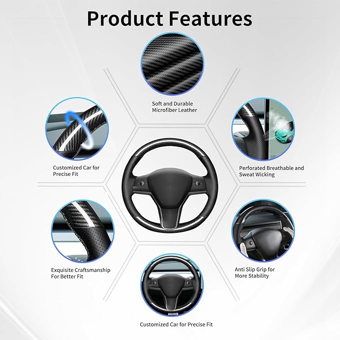 Hand Sewn Microfiber Leather Steering Wheel Cover, Stitch Steering Wheel Wrap Set for Original Tesla Model 3 2017-2023/Model Y 2020-2023 Juniper/Highland Accessories (B Carbon Fiber)
