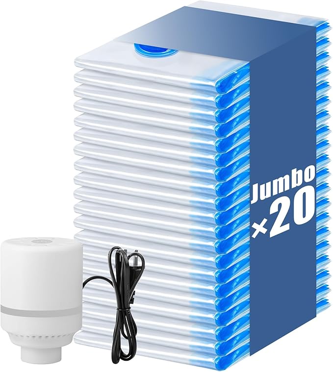 20 Jumbo Vacuum Storage Bags with Electric Pump, Vacuum Seal Bags for Clothing Space Saver Compression Storage Bag Large for 