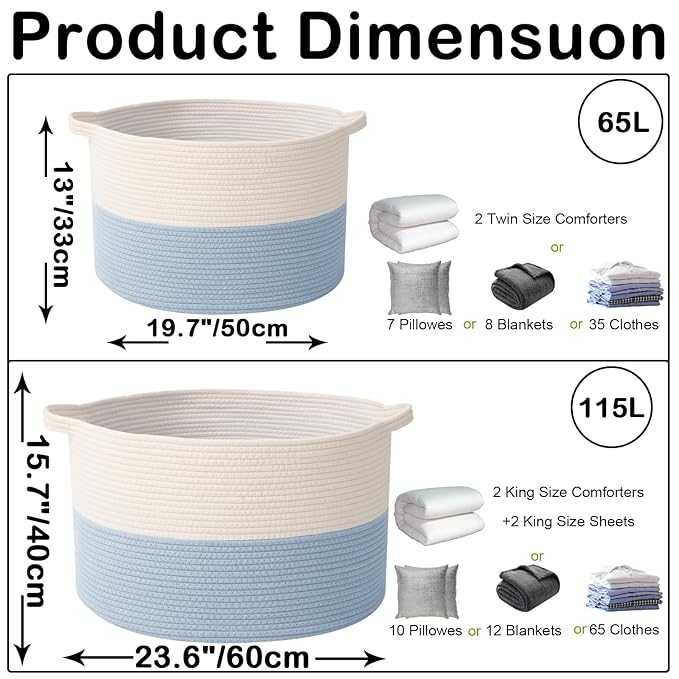 115L Extra Large Woven Cotton Rope Blanket Basket with Handles, Laundry Hamper Storage Bin for Pillows, Comforters,Clothes, T