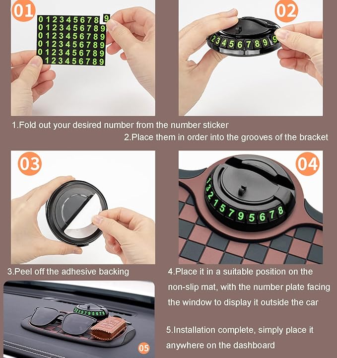Multifunctional Car Dashboard Anti-Slip Mat with Phone Holder and Parking Number Display, Heat Resistant PVC Non-Slip Pad for