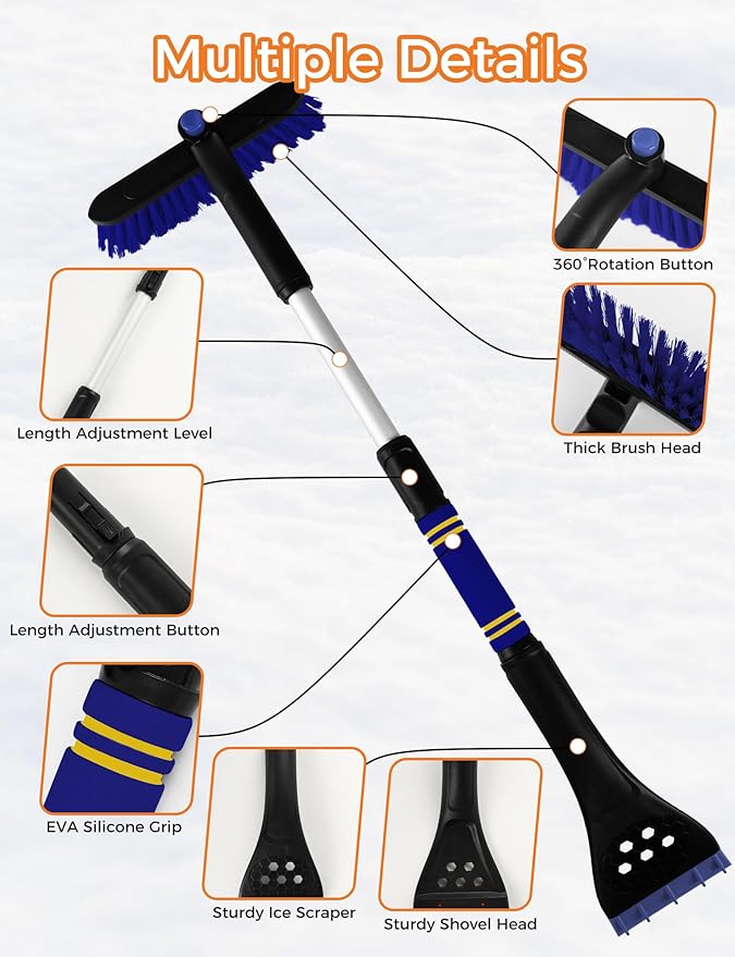 34" Extendable Ice Scrapers for Car Windshield 2-in-1 Snow Brush for Car Snow Scraper for Car Snow Scraper and Drush with Ergonomic Foam Grip for Cars, Trucks, SUVs with 360° Pivoting Brush Head Blue