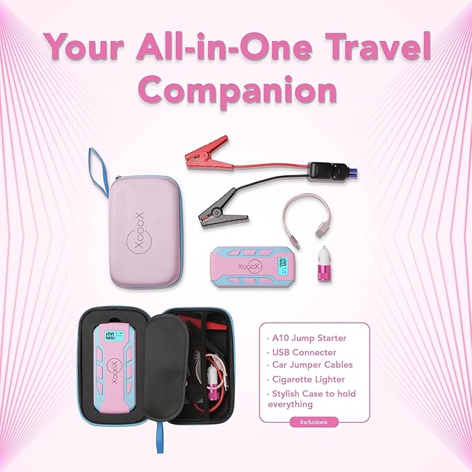 XoooX Pink Portable Car Battery Jump Starter Kit with Jumper Cables, LED Light and Case; 12V Jump Start Battery Pack; Portable Battery Charger for USB/USB-C Devices