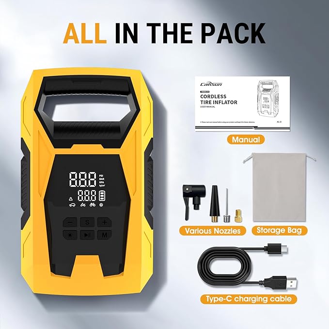 CARSUN Cordless Tire Inflator Portable Air Compressor, 150 PSI Portable Air Pump for Car Tires with Digital Dual Values Display, Tire Pump for Car, Bike, Motorcycle, Ball (with 7800mAh Battery)