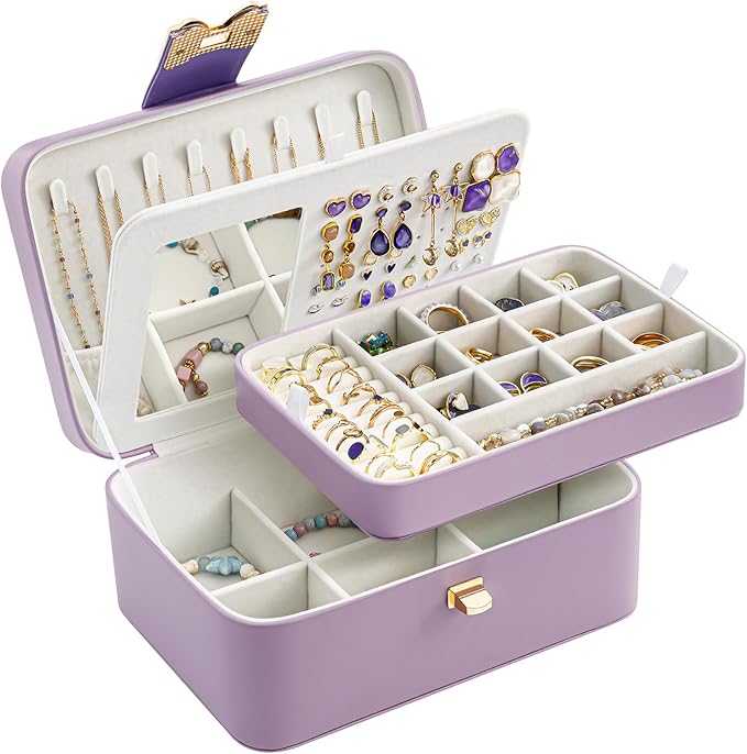 Lolalet 2 Layer Jewelry Box for Teen Girls & Young Women, Jewelry Organizer Case with Bow Clasp and Mirror for Earrings Rings