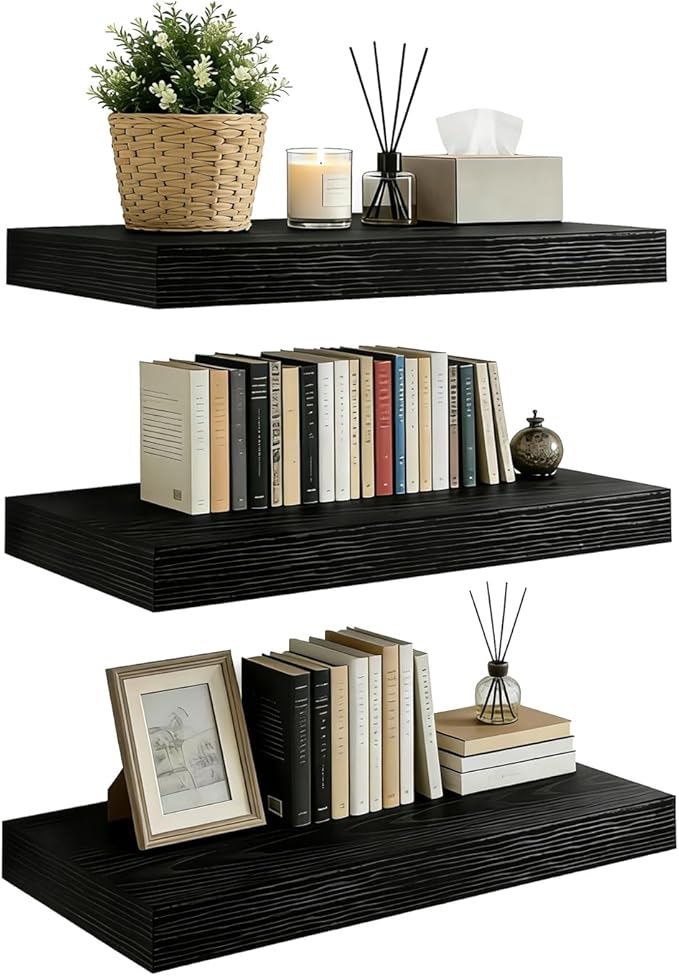 Set of 3 Farmhouse Solid Wood Floating Shelves 15.7 inch Black Wall Mounted Storage Shelves for Bathroom Over Toilet, Bedroom