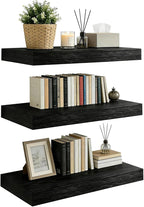 Set of 3 Farmhouse Solid Wood Floating Shelves 15.7 inch Black Wall Mounted Storage Shelves for Bathroom Over Toilet, Bedroom
