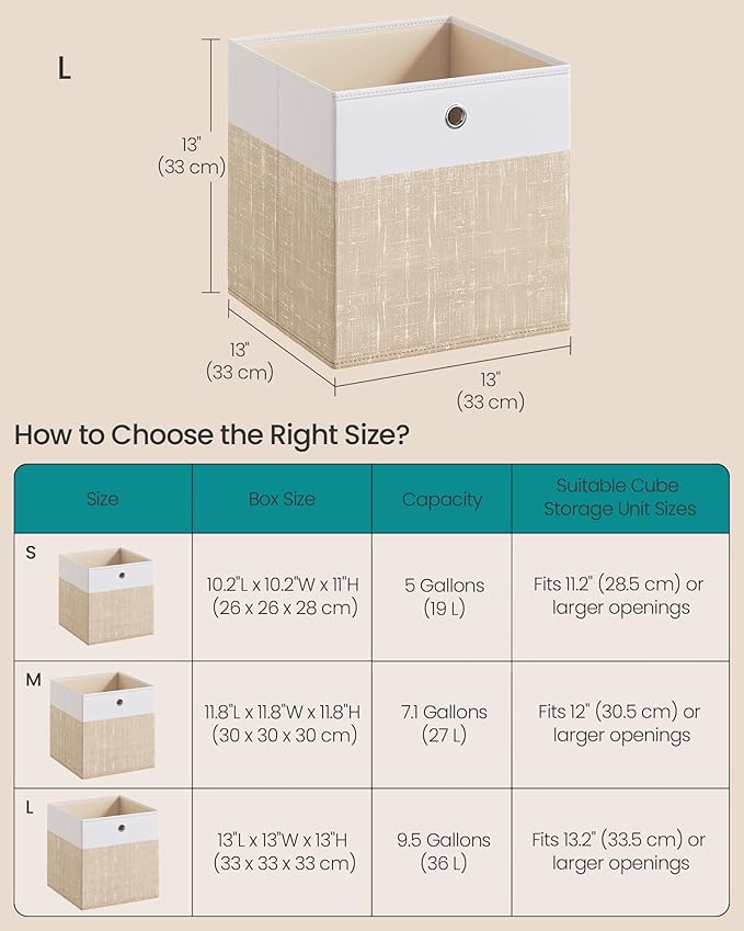 SONGMICS Storage Cubes, Set of 6 Foldable Fabric Storage Boxes, Cube Organizer Boxes with Handles, for Closet Shelves, Odorle