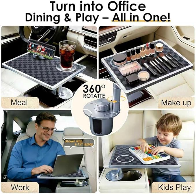 Car Food Tray & Car Table Tray with Car-Grade Aluminum Cup Holder & Phone Stand, Premium Wood with Leather Surface, 360° Rotating Car Desk for Laptop &Eating (Square, Black&Grey)
