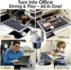Car Food Tray & Car Table Tray with Car-Grade Aluminum Cup Holder & Phone Stand, Premium Wood with Leather Surface, 360° Rotating Car Desk for Laptop &Eating (Square, Black&Grey)