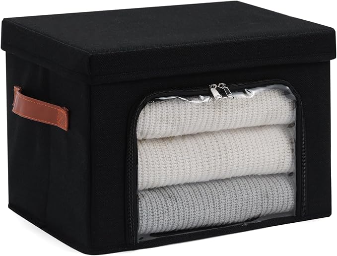 Large Storage Bins Boxes with Lids Clear Window Zipper Closure Decorative Cotton Linen Fabric Baskets with PU Leather Handles