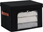 Large Storage Bins Boxes with Lids Clear Window Zipper Closure Decorative Cotton Linen Fabric Baskets with PU Leather Handles