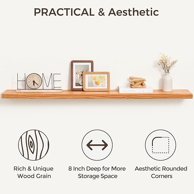 Fun Memories 48 Inch Floating Shelves, Rustic Solid Wood Wall Shelves Set of 1, 8 Inch Deep Floating Shelf for Bathroom, Bedr