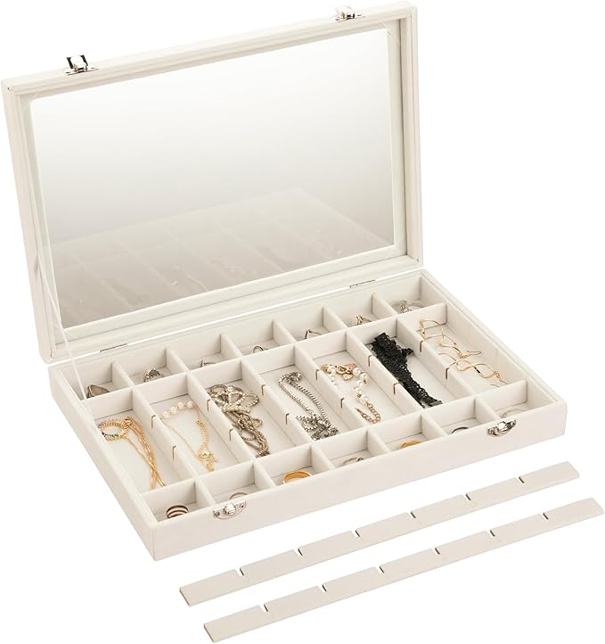 Frebeauty Velvet Jewelry Tray,35 Grid Jewelry Organizer with Clear Lid,Earring Holder Organizer Case with Clasp,Drawer Insert