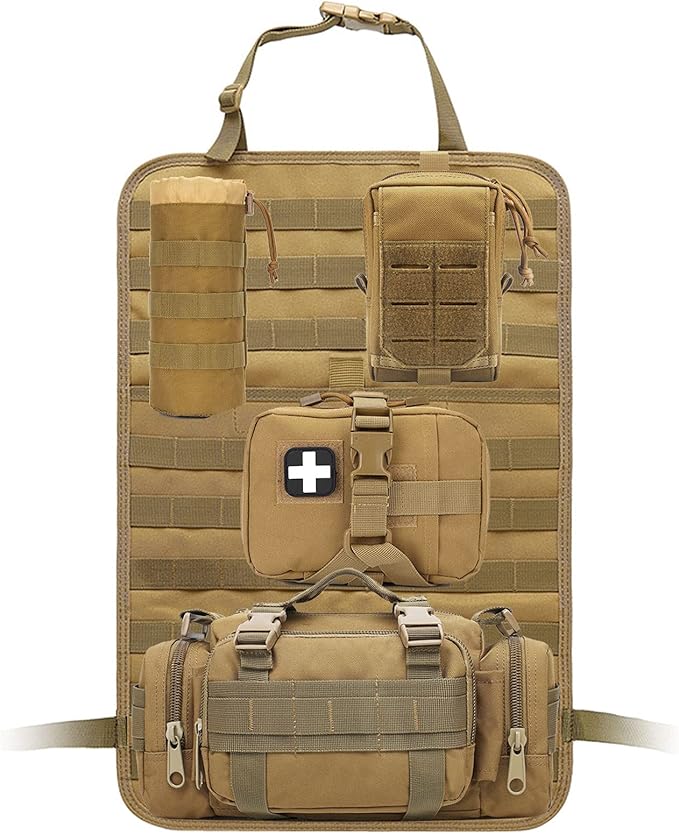 Molle Tactical Seat Back Organizer Panel with Pouches, Universal Fit For Vehicle Car, Khaki