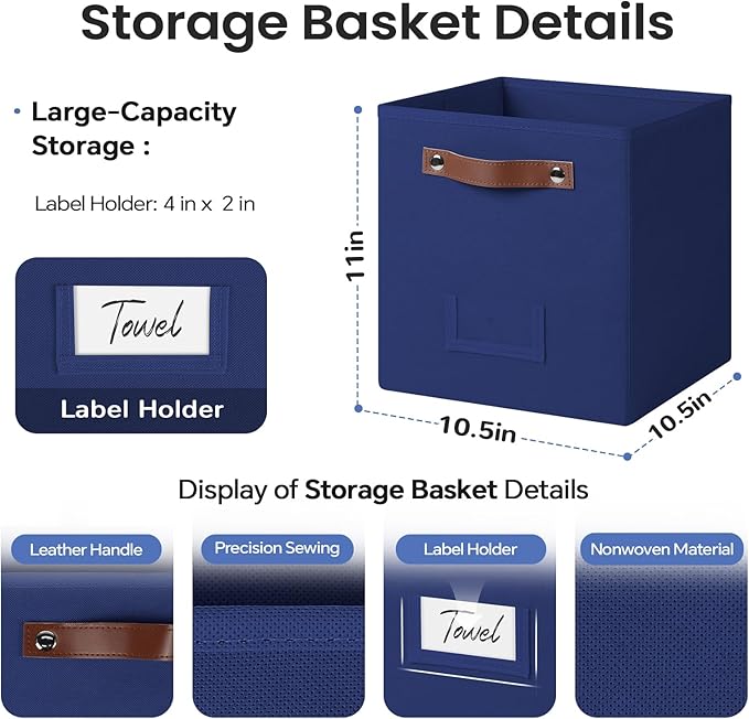 FinishingBo 6-Pack Storage Cubes with Handles & Label Holders Basket, Closet Cube Home Organizer Bins(Blue, 10.5*10.5*11 inch