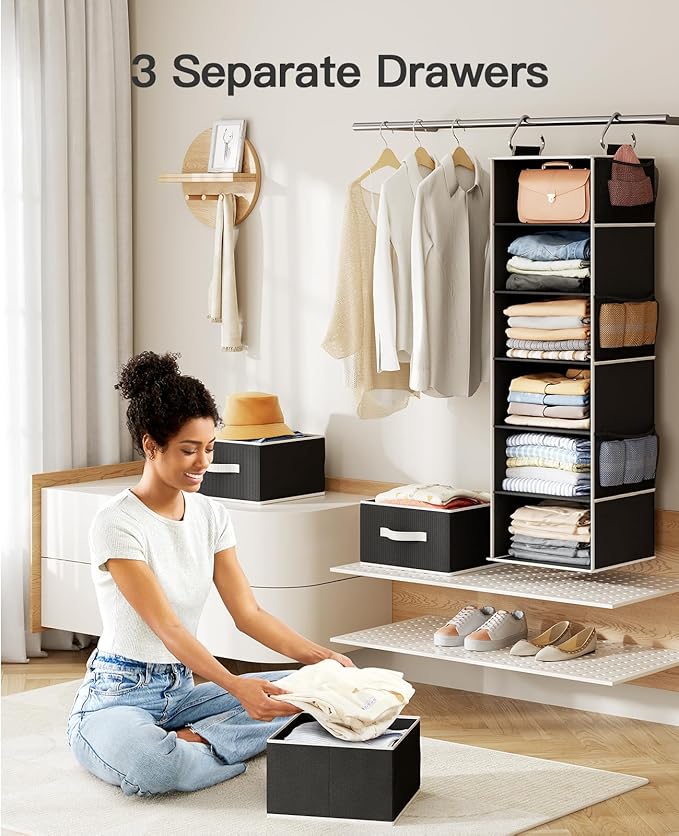 Pipishell Hanging Closet Organizer 6-Shelf, Hanging Shelves for Closet with 3 Removable Drawers & Side Pockets for Bedroom, G