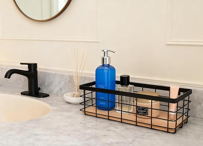 ShabbyDecor Small Metal Wire Basket Detachable Wood Base Storage Organizer Bathroom Counter Storage Organizer for Makeup, Per