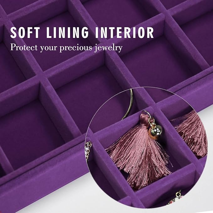 Siveit Velvet Jewelry Tray 48 Grid Jewelry Display Tray Organizer Box with Transparent Lid Rings Earrings Necklaces Pendants 