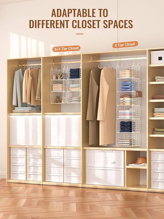 6 Tier Closet Hanging Organizer, Metal Closet Organizers and Storage with 4 Hanging Hooks 4 S-Hooks for Wardrobe Laundry Room