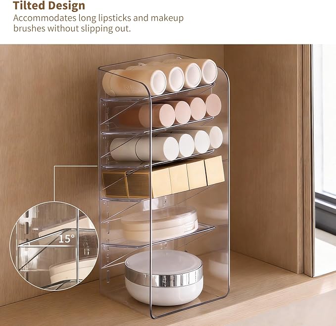 PAVSTINE Medicine Cabinet Organizer with Adjustable Dividers, Clear Vertical Layered Backward Slanting Shelves for Pressed Po