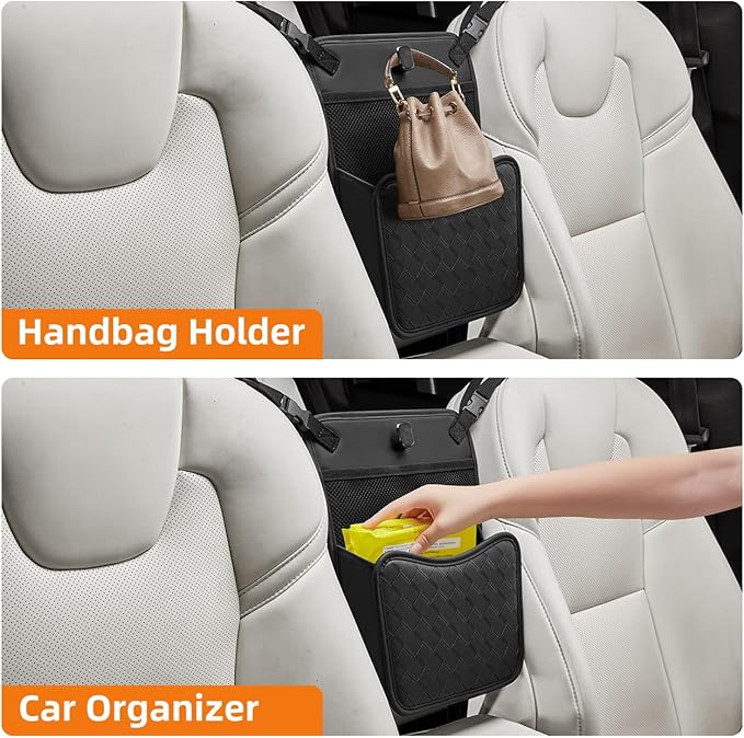 Purse Holder for Car,Car Purse Holder Between Seats,PU Leather Seat Back Organizer,Large Capacity Bag,Car Net Pocket Handbag Holder,Pet Barrier(Black)
