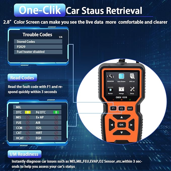 OBD2 Scanner Diagnostic Tool - Check Engine Light Code Reader, Reset Function, Data Stream, I/M Readiness, Full Features, Modes