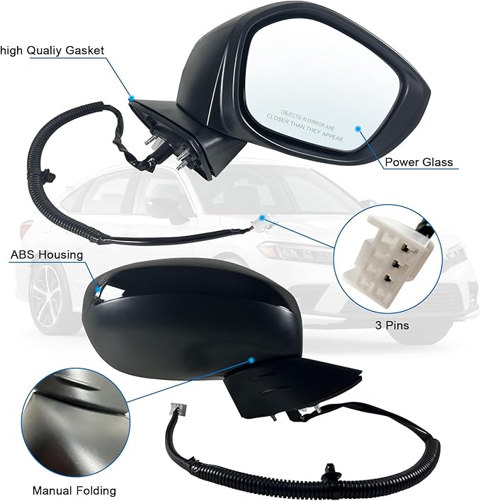 Right Passenger side Mirror Fits 2022-2025 HONDA CIVIC Sedan/Hatchback With Power Glass, Manual Folding, Match to Crystal Black Pearl Replace HO1321350 76208T20A01 (3 Pins)