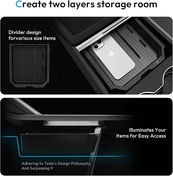 Tesla Model Y Juniper 2025 2026 & Model 3 Highland 2024 2026 Center Console Organizer Tray [Slide Smoothly + Easy Installation] Cup Holder for Tesla Model Y Juniper Accessories
