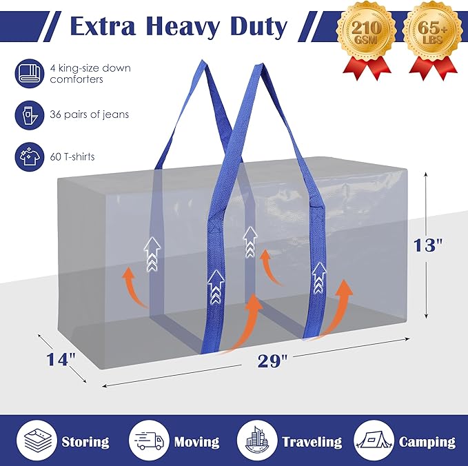 6 Pack Moving Bags with Full-Open Side Zipper, Extra Large 93L Heavy Duty Waterproof Foldable Storage Totes for College Dorm,