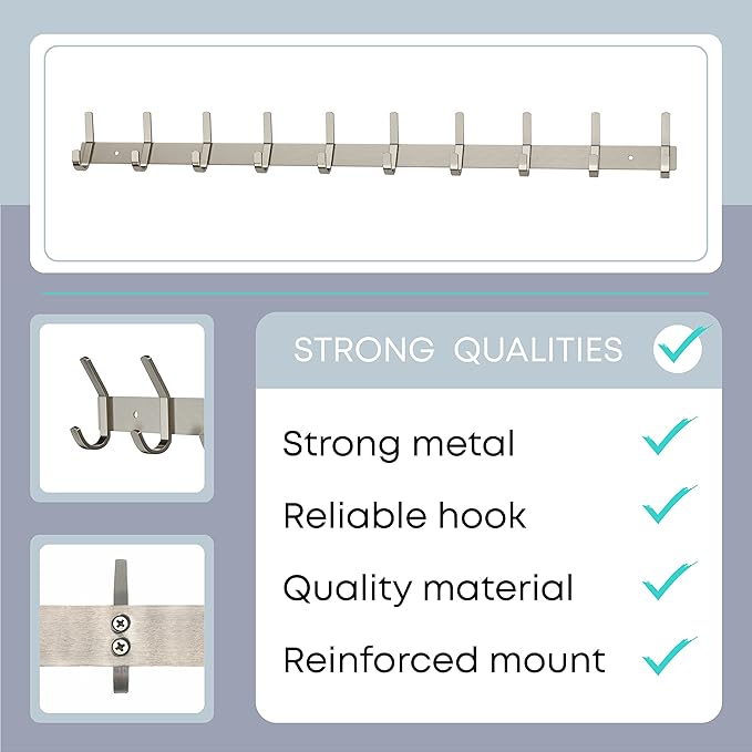Coat Rack Wall Mount – Brushed Nickel 30 Inch Stainless Steel Hook Rail with 10 Heavy Duty Double Coat Hooks – Wall Mounted C