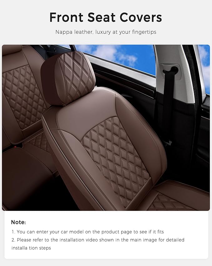 Huidasource Coffee Front Seat Cover, Nappa Leather Front Car Seat Cover, Side Elastic Fabric, Compatible with Airbags, Seat B